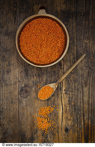 Overhead view of bowl of organic red lentils