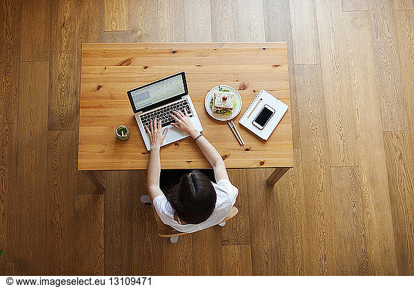 Overhead view of businesswoman using laptop computer on table at home