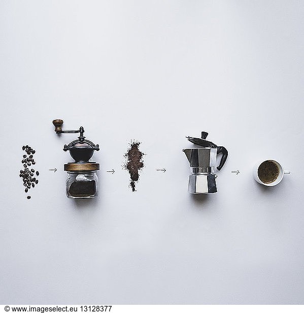 Overhead view of coffee making procedure against white background