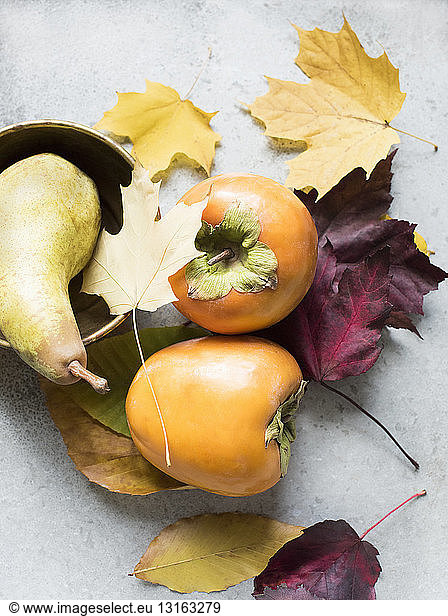 Overhead view of fruit and vegetables with Autumn leaves