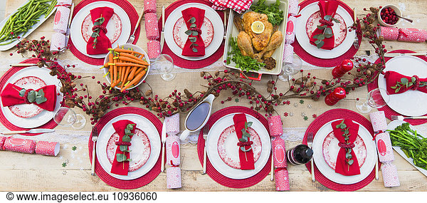 Overhead view of placesettings and food on Christmas dinner table