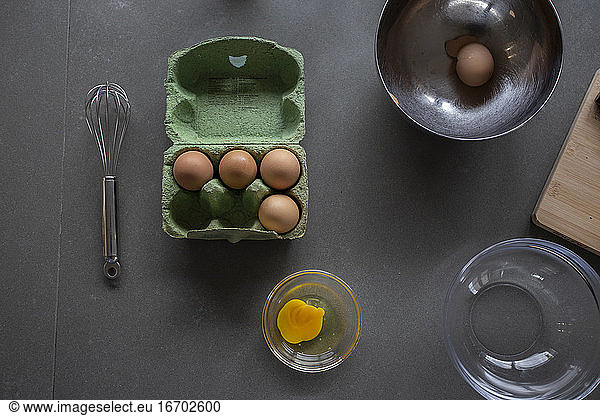 Overhead view of scrambled eggs preparation