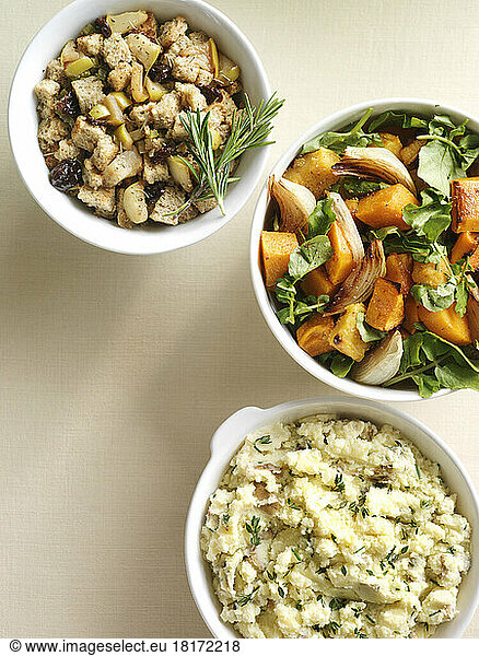 Overhead View of Side Dishes of Squash  Potatoes and Stuffing  Studio Shot