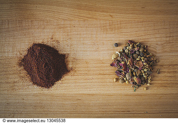 Overhead view of spices on cutting board