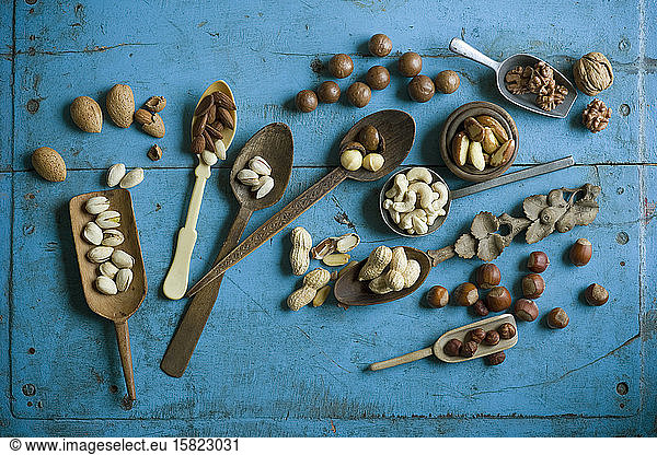 Overhead view of various nuts on spoons on blue rustic table