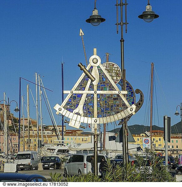 Oversized modern sculpture of nautical sextant  Portoferraio harbour  Elba  Tuscany  Italy  Europe