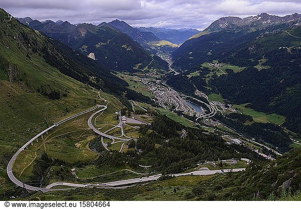 Overview Gotthardpass and Airolo direction south  Airolo  Switzerland  Europe