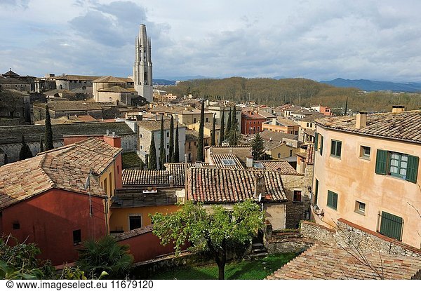 Overview of Girona seen from the ramparts, Catalonia, Spain, Europe.