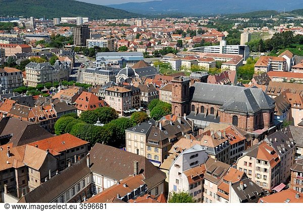 Overview of old town with the famous Saint Christophe cathedral  viewed from citadel Belfort city  Belfort territory  Franche Comte region  Europe