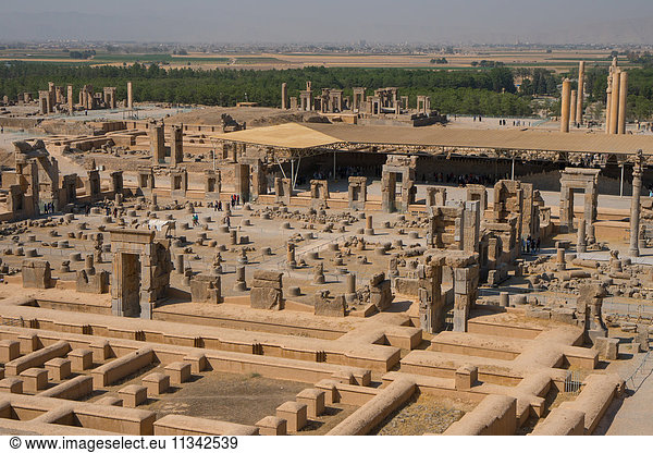Overview of Persepolis from Tomb of Artaxerxes III  Palace of 100 Columns in foreground  UNESCO World Heritage Site  Iran  Middle East