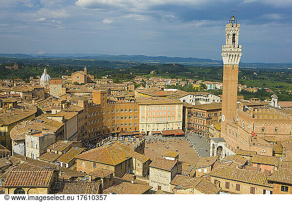 Overview of Piazza Del Campo and the historic center of Siena; Siena  Tuscany  Italy