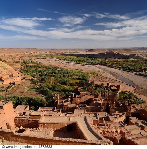 Overview of the Ounila River Valley from the top of Ait Benhaddou near Ouarzazate Morocco