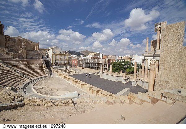 Overview of the stage and stands of Roman Theater of Cartagena city in Spain.