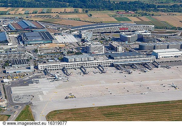 Overview Stuttgart Airport (STR) in Germany with terminals and trade fair  Stuttgart  Germany  Europe