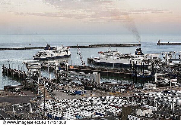 P&O ferries and trucks in the ferry terminal  evening sky  Dover  Kent  England  United Kingdom  Europe