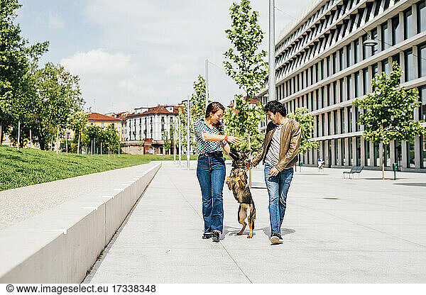 Paar spielt mit Hund beim Spaziergang auf der Straße