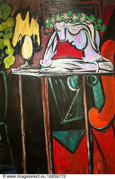 Pablo Picasso. Lesendes Mädchen am Tisch  1934 im Metropolitan Museum of Art  New York  USA.In diesem Gemälde seiner Geliebten Marie-Thérèse Walter  die ein Buch liest  kehrt Picasso zu einem bevorzugten Motiv zurück: einer allein sitzenden Frau. Der abgedunkelte Raum und der Schein der Lampe verleihen ihr eine ätherische Präsenz  während ihre Alabasterhaut  ihr blondes Haar und ihr Blumenkranz ihre Jugend unterstreichen. Obwohl sie in Picassos Werk zu jener Zeit eine wichtige Rolle spielte  war ihre Beziehung die am wenigsten öffentliche von Picassos zahlreichen Liebesbeziehungen  was diesem Gemälde ein Gefühl von zarter Intimität verleiht. Das Gemälde  eine von mehreren ähnlichen Kompositionen  die Picasso von seiner Geliebten malte  ist ein Gedicht eines verliebten Mannes.