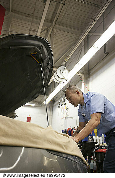 Pacific Islander mechanic works on the engine compartment in an auto repair shop