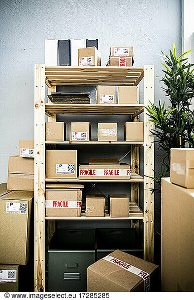 Packages on rack at distribution warehouse