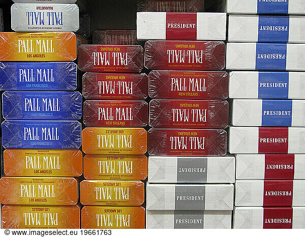 Packets of Cigarettes on sale in a shop in Crete. Greece has a high number of smokers and is ranked 3rd among European countries