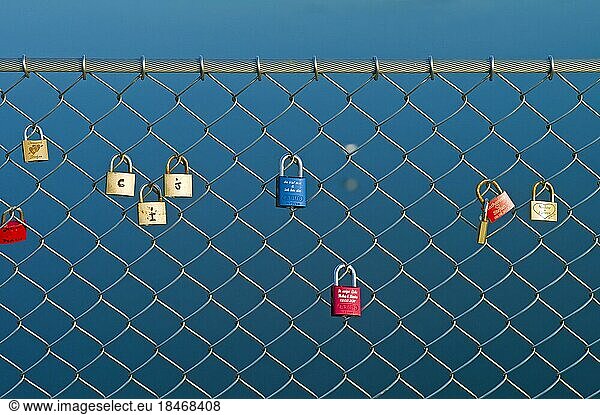Padlocks as a symbol for bonding  Weser Bridge  Minden  Teutoburg Forest  Germany  Europe