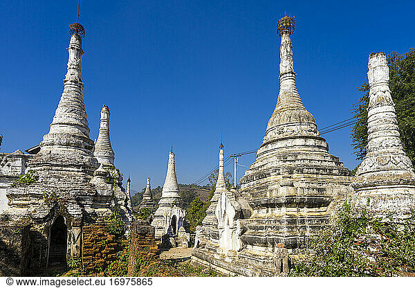 Pagodas at Little Bagan against clear blue sky  Hsipaw  Hsipaw T