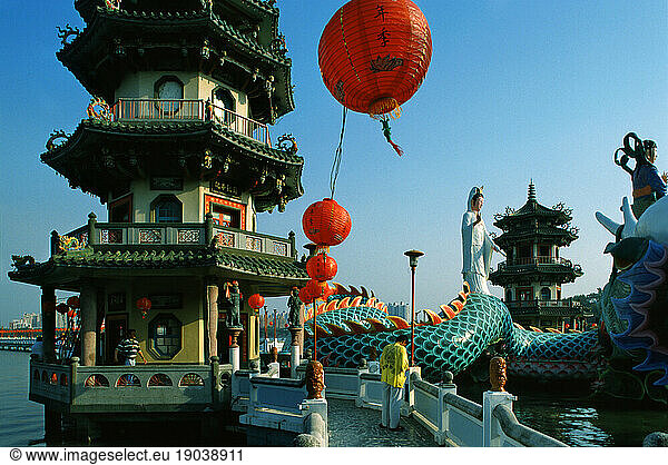 Pagodas  dragons  statues  Lotus Lake
