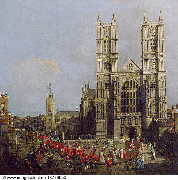 Painting of Westminster Abbey with procession of Knights of the Order of the Bath by Canaletto  By kind permission of the Dean and Chapter of Westminster Abbey. England. Gothic. 1749 AD. London.