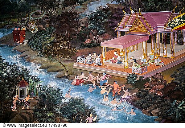Paintings of village scenes with Buddha in Thailand  Wat bang riang  Thub Pat/ Paintings  Wat bang riang  Thub Pat  Phang Nga  Thailand  Asia