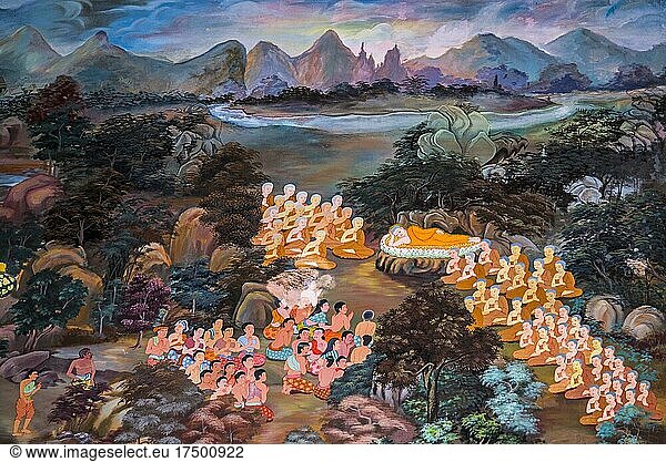 Paintings of village scenes with Buddha in Thailand  Wat bang riang  Thub Pat/ Paintings  Wat bang riang  Thub Pat  Phang Nga  Thailand  Asia
