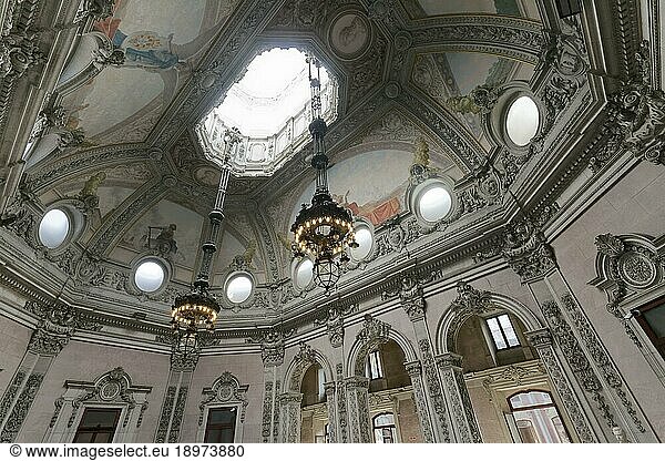 Palácio da Bolsa  stock exchange palace  ceiling with chandeliers in the staircase  neoclassical magnificent building  Porto  Portugal  Europe