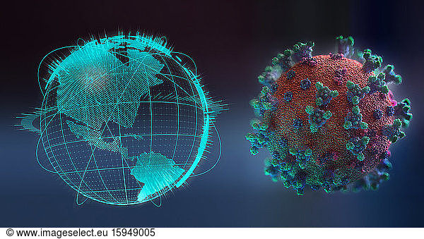 Pandemic outbreaks on globe next to coronavirus