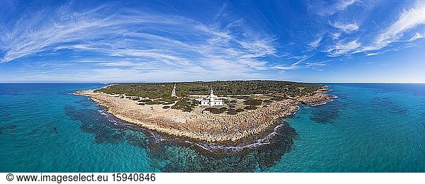 Panorama  Lighthouse at Cap de ses Salines  southernmost point of Majorca  Migjorn region  Mediterranean Sea  aerial view  Majorca  Balearic Islands  Spain  Europe