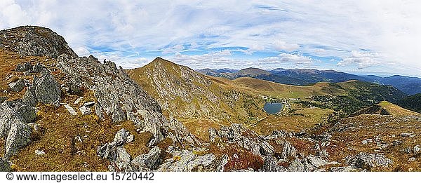 Panorama  Mountain landscape with Lake Falkertsee  Nockberge Biosphere Reserve  Carinthia  Austria  Europe