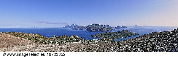 Panorama shot  view from the crater  lava rock  crater rim  Aeolian Archipelago  Filicudi  Alicudi  Salina  Lipari  Panarea  Stromboli  Vulcano  Aeolian Islands  Sicily  Italy  Europe