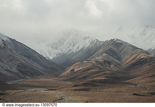 Panoramablick auf die Berge im Denali-Nationalpark und -Schutzgebiet bei nebligem Wetter