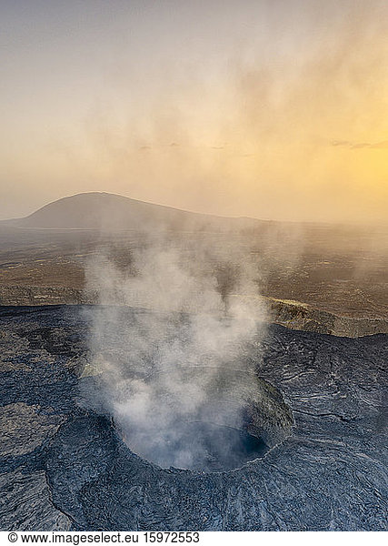Panoramic aerial view of sunset over the active Erta Ale volcano crater  Danakil Depression  Afar Region  Ethiopia  Africa