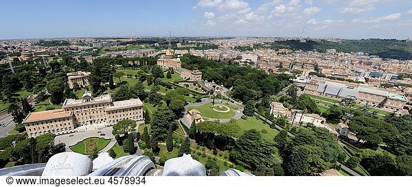 Panoramic image of the gardens at the Vatican from the Dome of St. Peter's Basilica  Vatican City  Rome  Italy