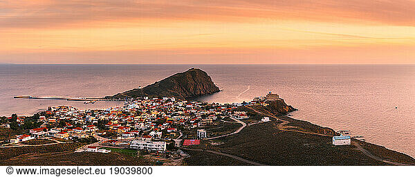 Panoramic image taken on Psara island showing the village.