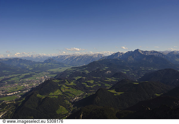 Panoramic view as seen from Untersberg  with Salzachtal valley  Hoher Dachstein mountain  Tennengebirge mountain range  Goellgruppe mountain group and Hochkoenig mountain  Groedig  Salzburg  Austria  Europe