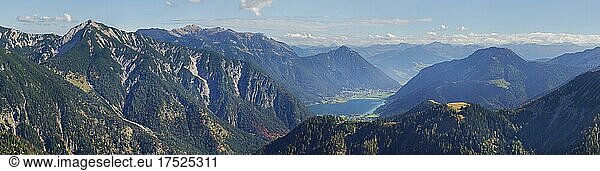 Panoramic view from the Plumsjoch into the Pletzachbach valley to Pertisau to the Achensee  Plumsjoch  Engtal  Karwendel  Pertisau  Hinterriß  Tyrol  Austria  Europe