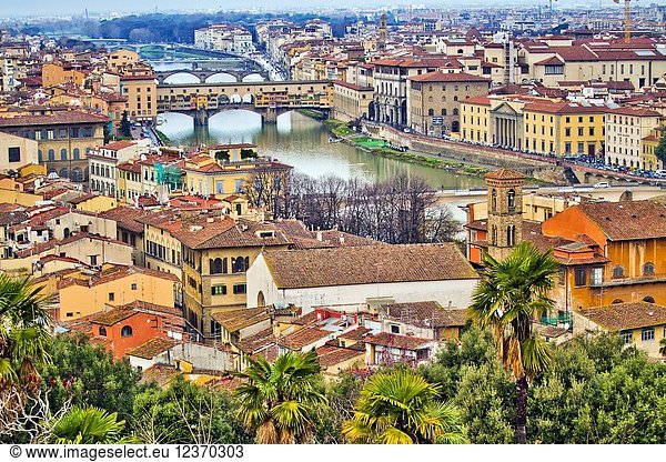 Panoramic view of Florence from Piazzale Michelangelo,  Michelangelo Square,  Ponte Vecchio,  Old Bridge,  Arno River,  Florence,  Tuscany,  Italy,  Europe.