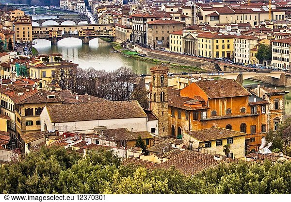 Panoramic view of Florence from Piazzale Michelangelo Michelangelo Square Ponte Vecchio Old Bridge Arno River Florence Tuscany Italy Europe.