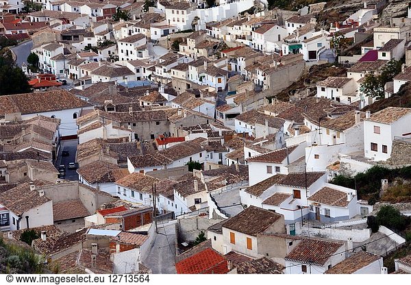 Panoramic view of Galera village in unspoilt cave country in mountainous region of northern Andalusia  between the Sierra Nevada and the Sierra de Castril  municipality Huéscar  province of Granada  Andalusia  Spain  Europe