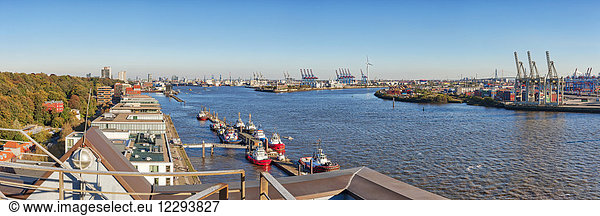 Panoramic view of harbor and buildings on River Elbe