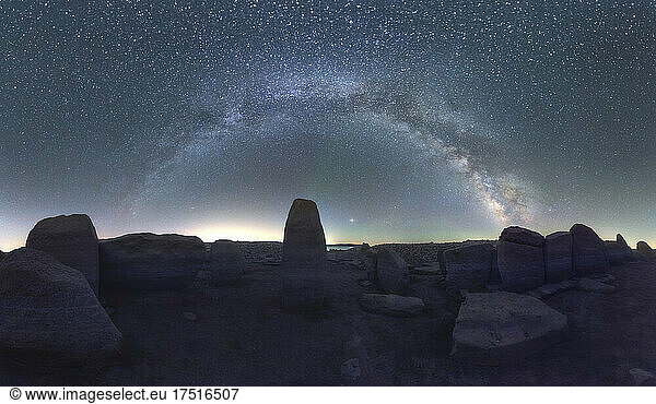 Panoramic view of Megalithic landmark under stars sky  Milky Way arch