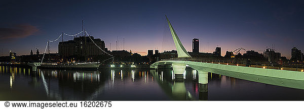 Panoramic view of Puente de la Mujer footbridge at night  Puerto Madero  Buenos Aires  Argentina
