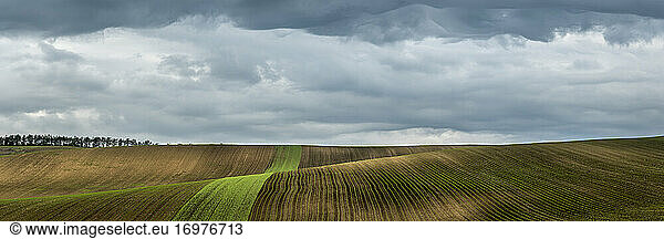 Panoramic view of rolling fields near Kyjov with dramatic cloudy sky  Hodonin District  South Moravian Region  Moravia  Czech Republic