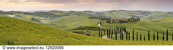 Panoramic view of sunset over the Agriturismo Baccoleno and winding path with cypress trees  Asciano in Tuscany  Italy
