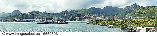 Panoramic View of the town of coastal city of Portlouis  Mauritius  Africa